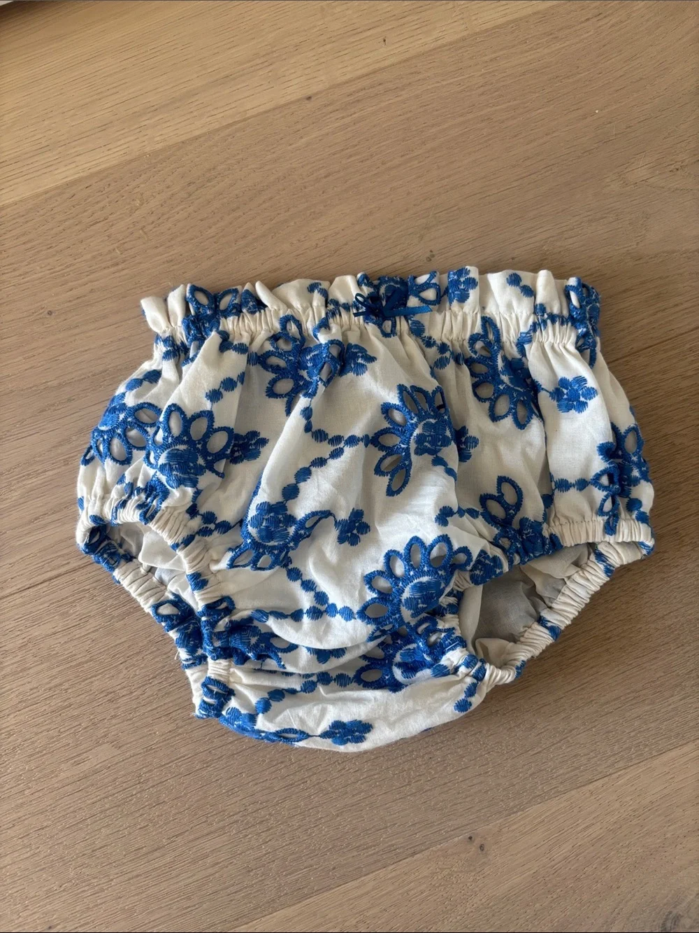 Pink Chicken White Dress with Blue Floral Embroidery